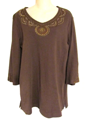 **QUACKER FACTORY MARRÓN LENTEJUELAS ADORNADO L/S Suéter TÚNICA DE ALGODÓN PARTE SUPERIOR Grande** Foto 1 de 4