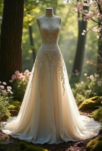 Vintage Light Champagne Wedding Dresses Lace Appliques A Line Bridal Gowns - Picture 1 of 9