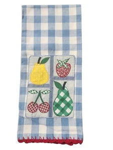 Vintage Blue & White Cotton Check Tea Towel W/Appliquéd Fruits Red Crewel Edge - Picture 1 of 5