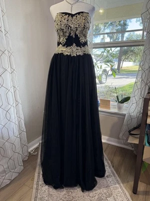 Vestido de lentejuelas corazones para mujer 11 negro dorado sin tirantes corsé corazón vestido de graduación Foto 1 de 4