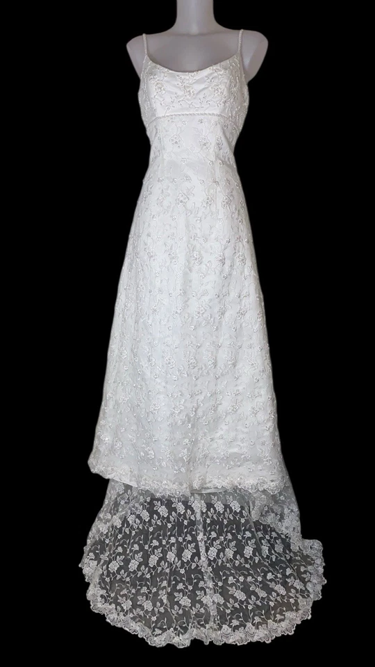 Vtg 90s Womens Victorian Ivory Lace Embroidered Beaded Bridal Maxi Dress Sz 10 - Image 1 of 4