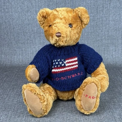 "Oso de peluche marrón FAO Schwarz 16"" con suéter bandera americana" Foto 1 de 4