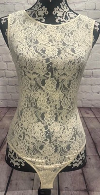 Body De Colección Años 90 EE. UU. Cabernet Floral Marfil Encaje Nylon Sin Mangas Cuello Redondo M Foto 1 de 4