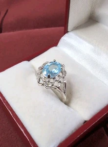 Beautiful Blue Topaz Sterling Silver 925 Filigree Flower Style Ring Size 7 - Picture 1 of 9