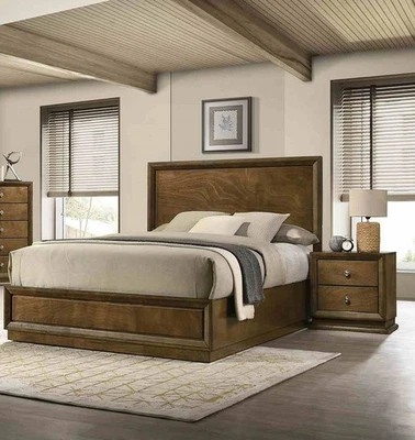 3pc Queen Size Bed 2x Nightstand Set Walnut Finish Bedroom Furniture - Image 1 of 4