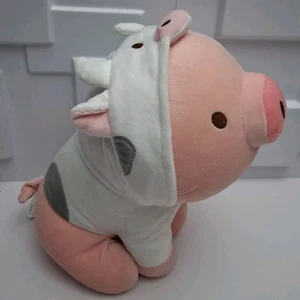 Miniso sitzendes Schwein Plüsch im Kuh Kostüm Stofftier rosa weiß 10 cm - Bild 1 von 7