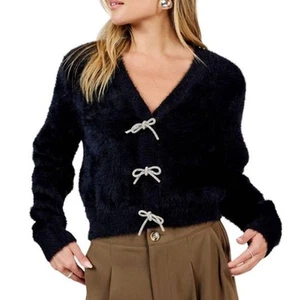Sadie & Sage Women's Black Porcelain Cardigan With Rhinestone Bows Size Small - Picture 1 of 6