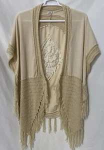 Jodifl Ivory Long Line Open Front Knit Cardigan Crochet Fringe Sz L Cap Sleeve  - Picture 1 of 7