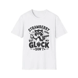 Strawberry Jams But My Glock Doesn't Raccoon T-Shirt, Quirky Graphic Tee - Picture 1 of 41