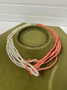 VTG Elegant Looped 12 Strand Coral And Pearl Necklace 925 - Picture 1 of 3