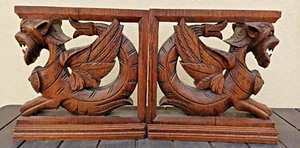 Antique PAIR French Pillars Wood Carved Gothic Griffin Dragon Lion Cabinet 19th - Picture 1 of 6