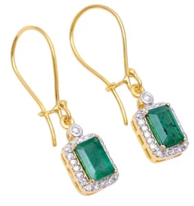 1.06ct Natural round Diamond 14k yellow gold emerald wedding dangler earrings - Picture 1 of 3