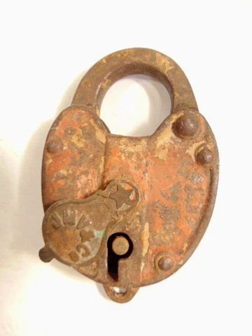 vintage larger brass & steel padlock; JMV & Co. on keyhole cover; no key Cover