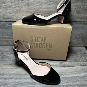 Steve Madden Z1208* Girls Black Prettyy Ankle Strap Block Heel Pump Size 3M - Picture 1 of 5