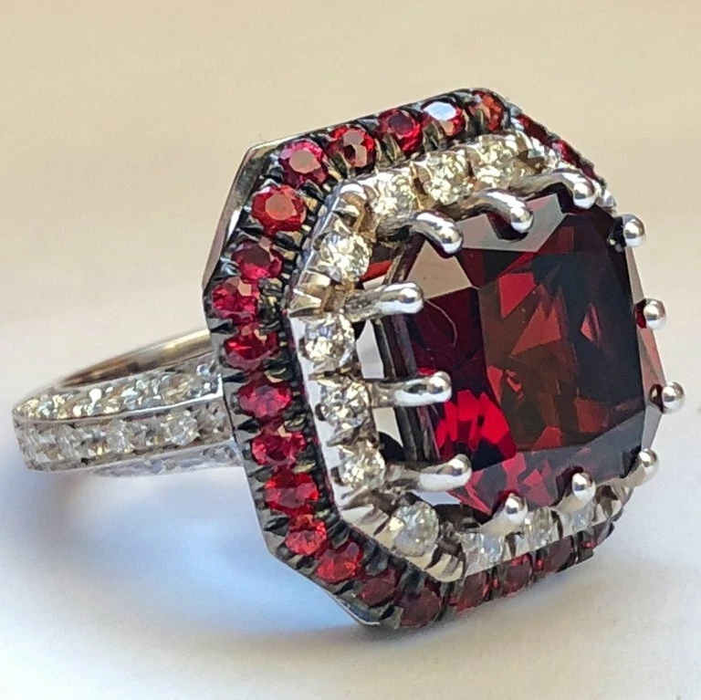 Lab-Created Blood Red 12.25CT Octagonal Cut Spessartine Ruby Gemstone Halo Ring - Image 1 of 4