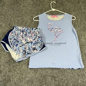 Simply Southern 2 PIECE top shorts youth medium blue geometric flamingo stretchy - Picture 1 of 15