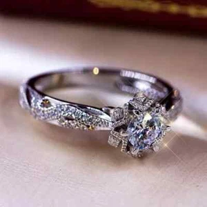 2 CT Round Cut Real Moissanite Women's Cluster Wedding Ring 925 Sterling Silver - Picture 1 of 6