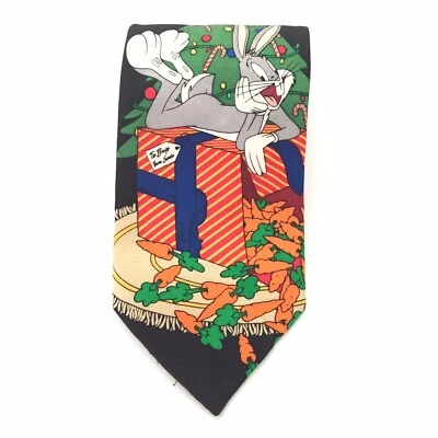 Винтажный рождественский галстук 1997 Looney Tunes с жуками кроликом из 100% шелка - Изображение 1 из 4