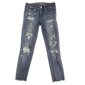 American Eagle Outfitters Low Rise Jegging Crop Womens 2 Distressed Blue Denim - Picture 1 of 10