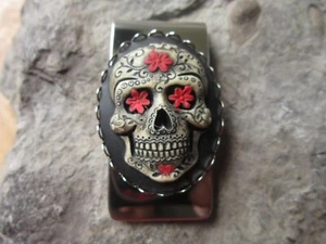MEXICAN SUGAR SKULL HAND PAINTED CAMEO STAINLESS STEEL MONEY CLIP - DAY OF DEAD - Picture 1 of 3