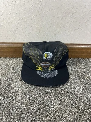 Vintage Harley Davidson Bald Eagle AOP Hat Cap SnapBack Black Biker USA 80s NWOT - Image 1 of 4