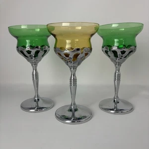 "Copas de cóctel Farber Bros ámbar (1) y verde (2) vidrio cromo vástago cromado 6,25""" - Imagen 1 de 11