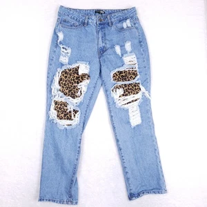Fashion Nova Jeans Size 9 Leopard Patch Ripped Maximalist Y2K Streetwear - Picture 1 of 8