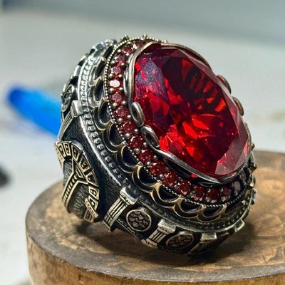 925 Sterling Silver Ruby Stone Ottoman Style Large Ring - Image 1 of 4