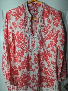 Linen Top XL Coral Floral Side Split Tunic Boho Peasant Cottagecore Beach - Picture 1 of 7