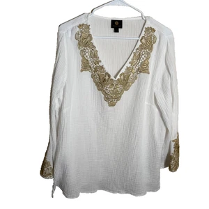 JM Collection Blouse Women's XL White Gold Gauze Boho Metallic Embroidered - Picture 1 of 8