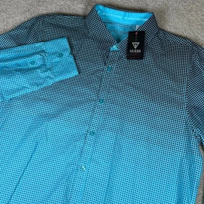 Guess Slim Fit Button Down Dress Shirt Dotted Ombre Pattern Long Sleeve Blue XL - Image 1 of 4