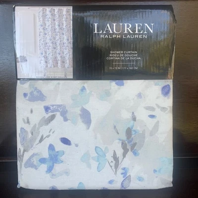 Ralph Lauren Fabric Shower Curtain Floral Blue Watercolor 100% Cotton 70" x 72" - Image 1 of 4