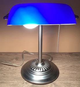 13" Bankers Lampe/Leuchte Kobaltblau Glas Silber Sockel Zugschnur Tischleuchte - Bild 1 von 6