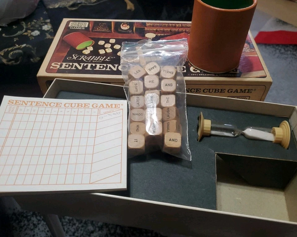 Vtg 1971 Scrabble Sentence Cube Game Complete Selchow Righter Wood Dice Timer - Image 1 of 4
