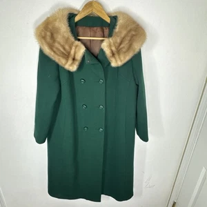 Vintage 1950s 1960s Women’s L Green Wool Overcoat Mink Fur Collar - Picture 1 of 9