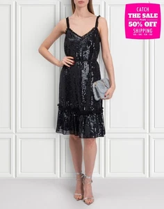 RRP €362 NEEDLE & THREAD Dress Size M Sequined Stripes Ruffles Strappy Neck - Picture 1 of 9