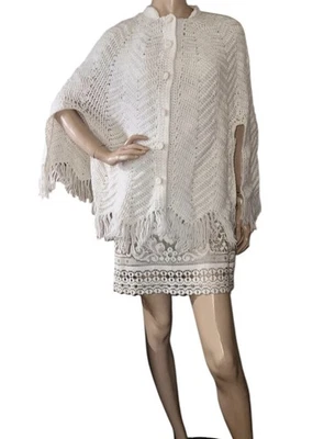 Poncho Mantón Vintage Blanco Crotchet Boho Capa Envoltura con Flecos Grannycore OS Foto 1 de 4