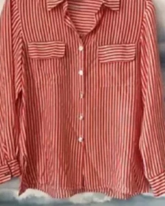 👠👚❤️ MELROSE Silk Studio Red White Stripe Button Up Silk Blouse Long Sleeve - Picture 1 of 1