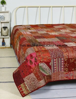 Vintage-Handmade-Patchwork-Quilt-Blanket-Bedspread-Bedding- Kantha-Quilt-Twin - Image 1 of 3