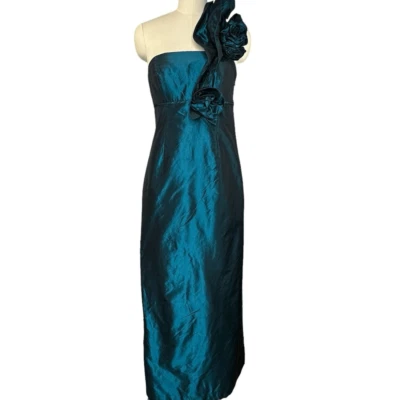 Kay Unger Teal Silk Taffeta Ruffle Shoulder Cocktail Dress| Size 6 - Image 1 of 4