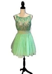 Sherri Hill Mint Green Nude Rhinestone Beaded Tulle Mini Dress Size 8 $299 - Picture 1 of 3