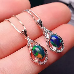Oval Natural Black Fire Opal Diamond Necklace Pendant 14K White/Rose Gold Finish - Picture 1 of 9
