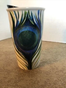 2015 Starbucks Peacock Feather Ceramic Tumbler 12oz Coffee Mug Travel Cup w Lid - Picture 1 of 9