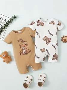 2pcs Baby Boys And Girls Cute Bear Graphic Print Short Sleeve Romper Set - Picture 1 of 2