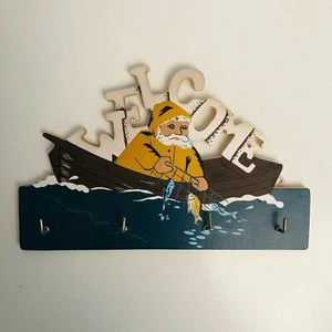 Small Novelty Fisherman Plywood Welcome Sign Plaque with Four Key Hooks - Picture 1 of 4