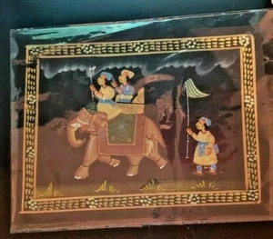 India Hand Painted Black Silk Cloth Wall Hanging Elephant  - Picture 1 of 4