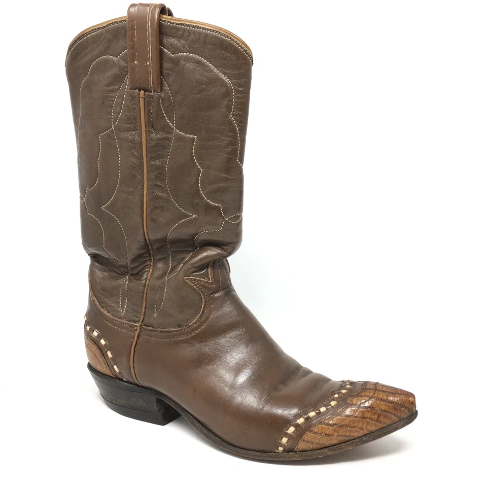 Tony Lama Western Boots Cowgirl Shoes Womens Size 6 Brown Leather Lizard Pull On - Imagem 1 de 4