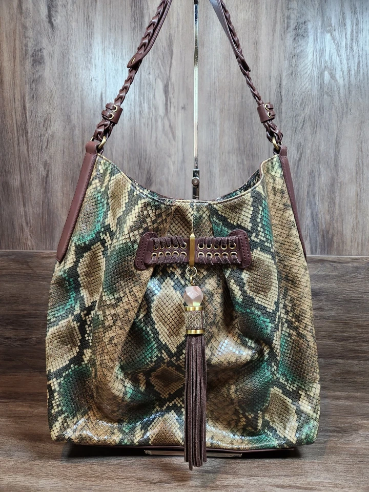 Rafe New York Python Leather Embossed Large Hobo Tote Shoulder Bag Tassel Brown - Image 1 of 4
