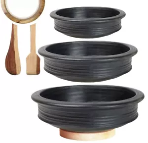Terracotta Clay Pottery Mud Pot Earthen Handi Cooking Combo Black 1 L 2 L & 3 L - Picture 1 of 3