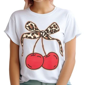 Chic Red Cherry T-Shirt With Leopard Print Bow & Glitter Perfect For Women #T489 - Picture 1 of 11